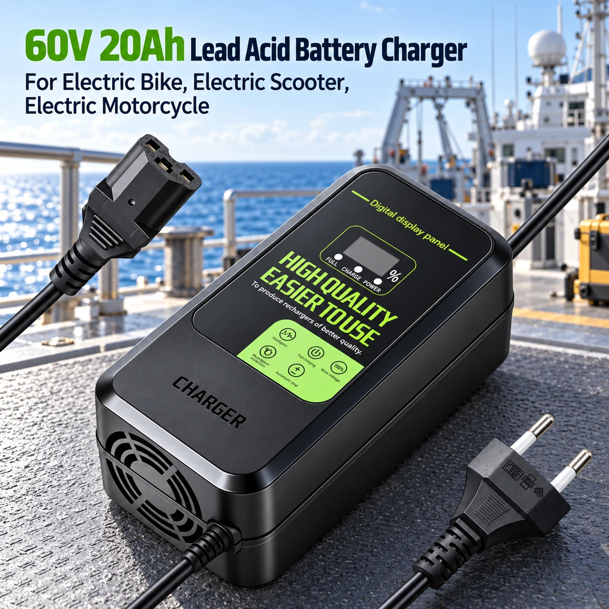 60V 20AH Lead Acid Battery Charger Input AC110V-220V Auto Shut Off 3 Holes Plug
