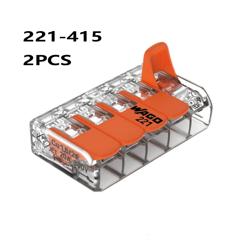2pcs WAGO 221‑415 Lever‑Nuts 5‑Conductor Lever Wire Connector, Reusable Splicing Terminal Block for Solid Stranded Fine‑Stranded