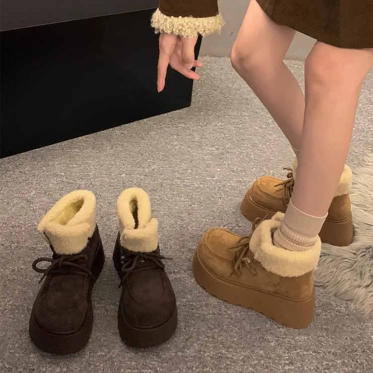 2026 Neue Winter Chunky Plateau Damen Pelz-Schneestiefel Warmhaltend Dicke Sohle Warme Baumwoll-Kurzstiefel Schuhe Zapatos Mujer