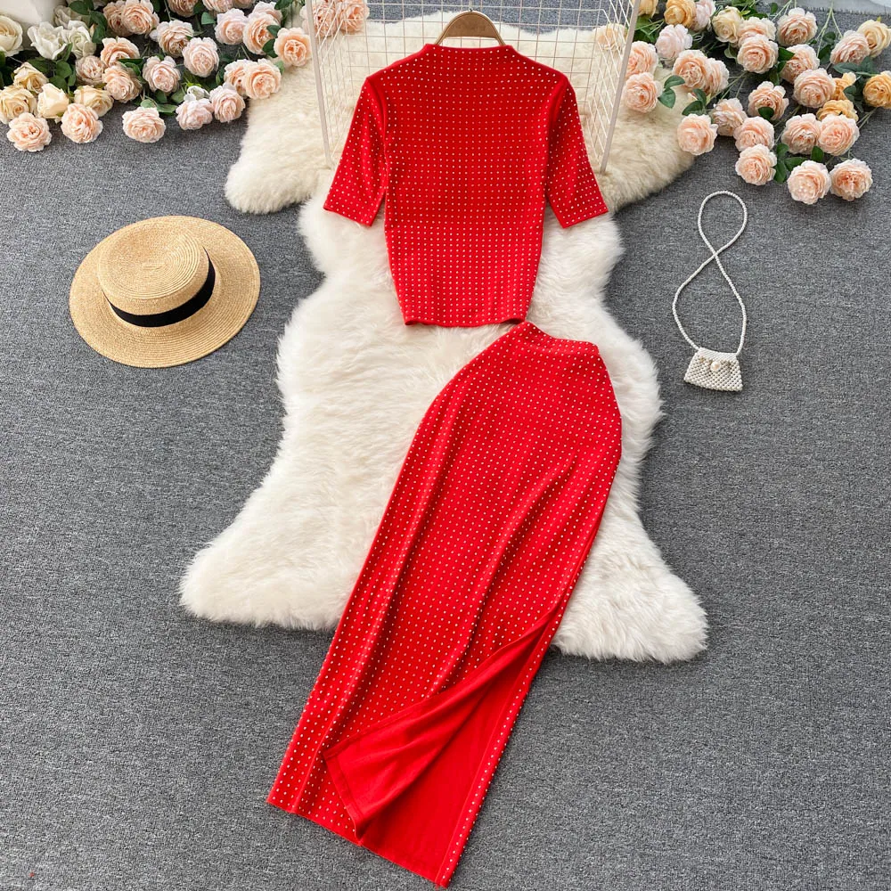 Vintage Black/Red Beading Two Piece Set Women Elegant Stand Collar Short Sleeve Tops + High Waist Pencil Skirt Suit Female 2022