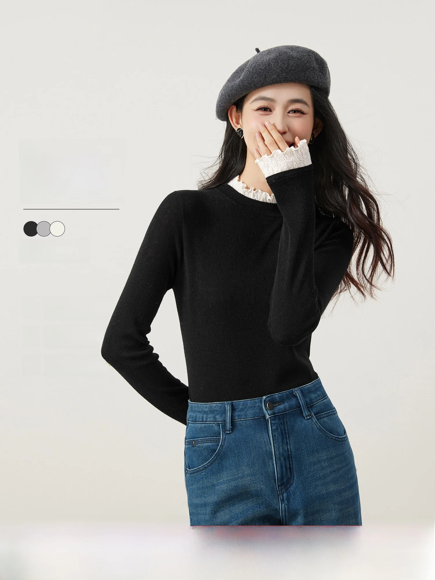 

Slim Fit Lace Trim Panelled Apparels Women's Base Layer Knitwear T-irt French Sle Soft Polyester Blend Long Sve