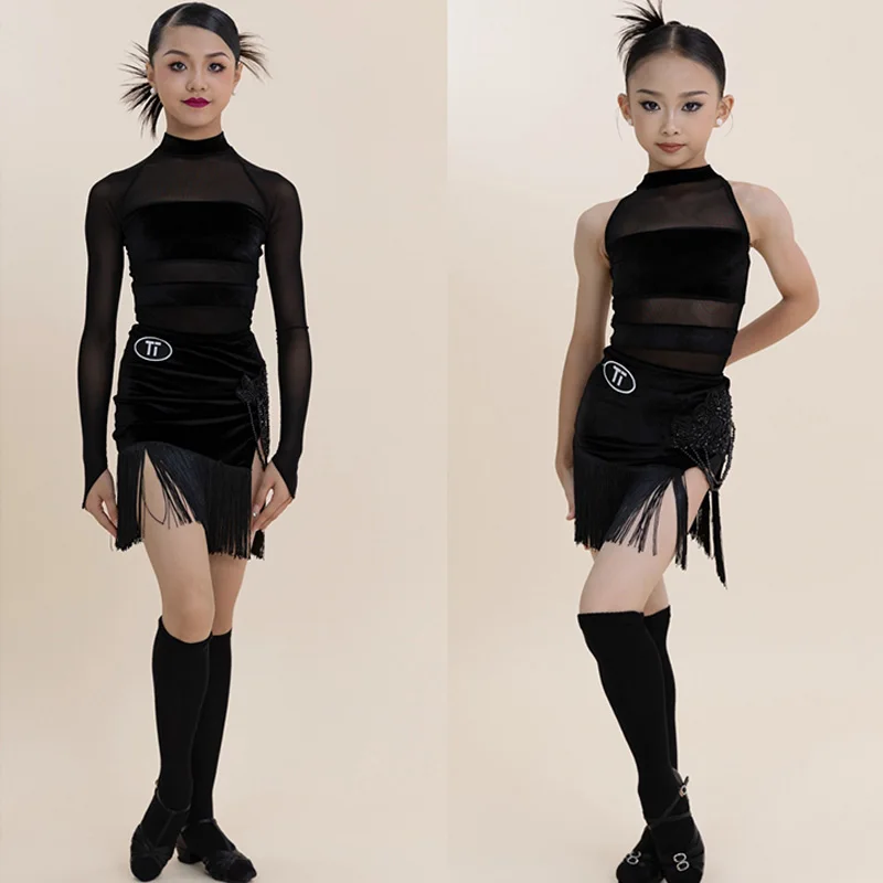 

Kids Latin Dance Dress Girls Black Competition Dress ChaCha Rumba Tango Dance Clothes Practice Performance Fringe Dress DNV21861