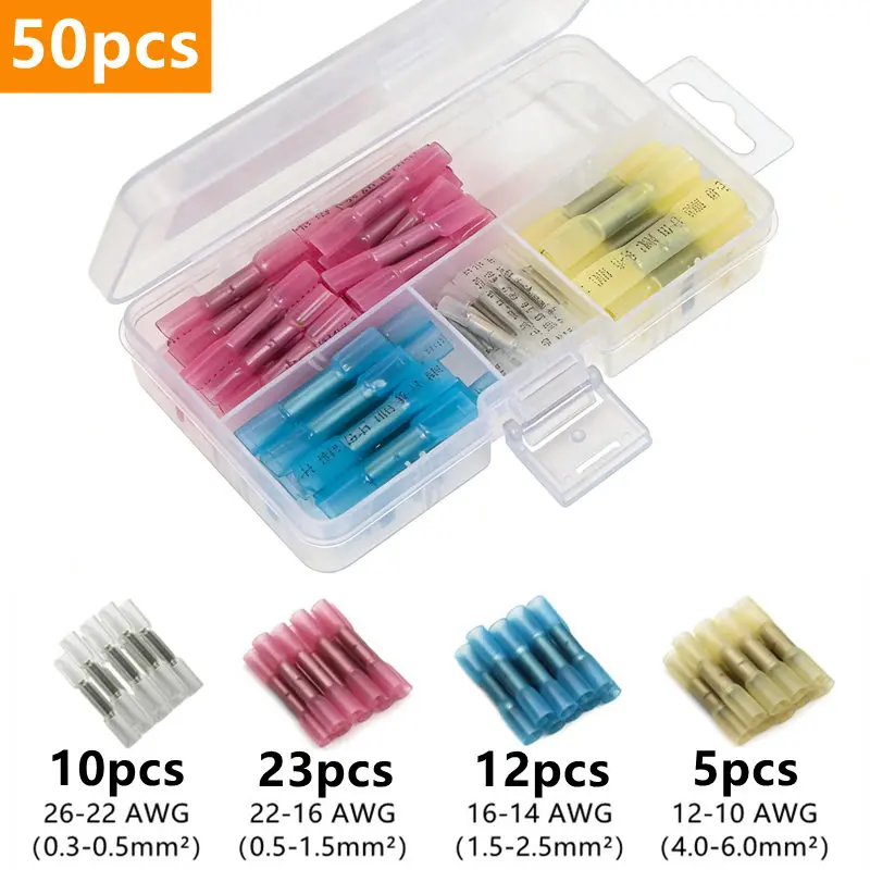 50-620pcs Heat Shrink Tube Butt Connector Butt Splice Insulated BHT0.5-5 Waterproof Electrical Welding Ring Wire Crimp Terminals