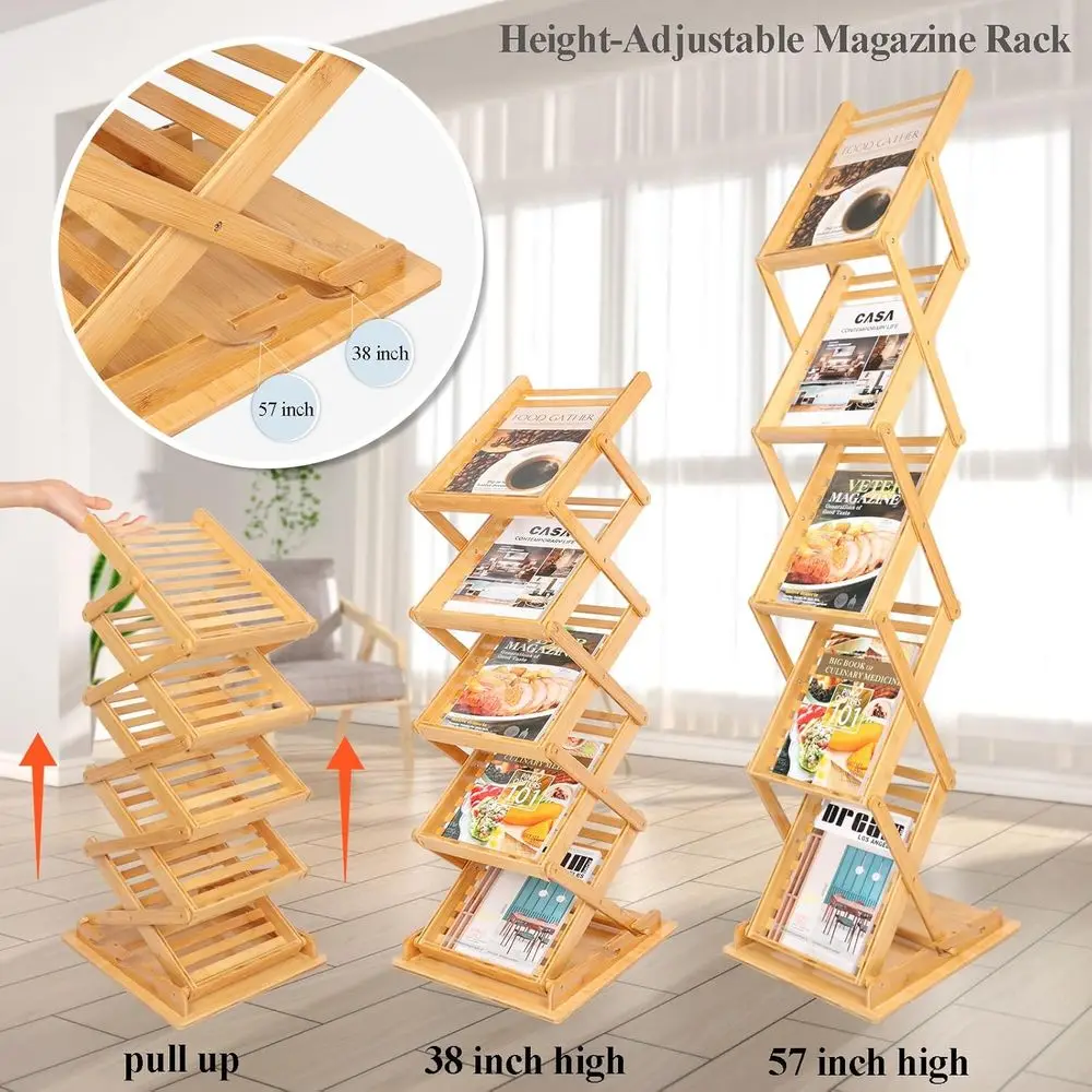 حامل مجلات A4 من الخيزران قابل للطي، حامل أرضي بـ 5 جيوب، بطول 57 للمعارض والتجزئة. #3
