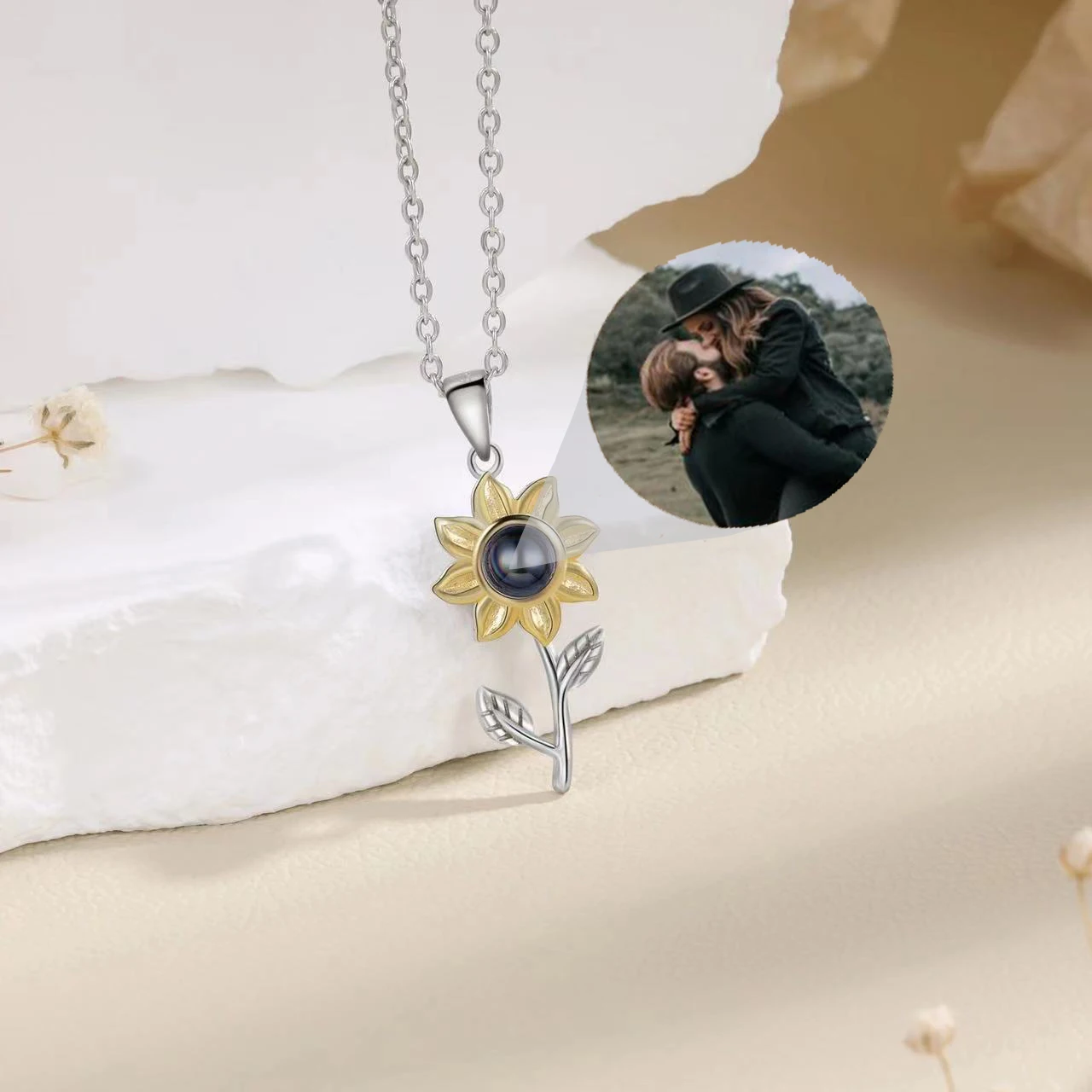 

Personalized Sunflower Photo Projection Necklace Custom Picture Pendant I Love You Jewelry Gift for Women Mom Wife Daughter