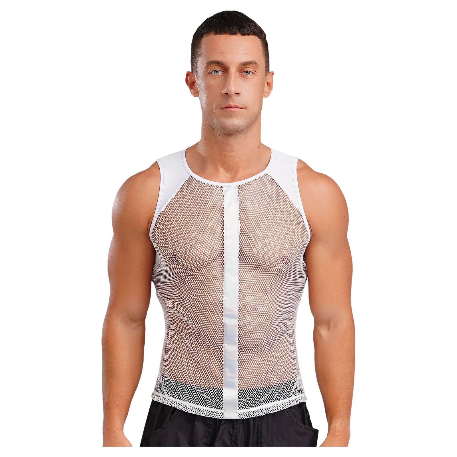 

Mens Summer Sportswear See Through Mesh Sport Vests Round Neck Hollow Out Netting Tank Top Breathable Fitness Gym Sports Bra Top