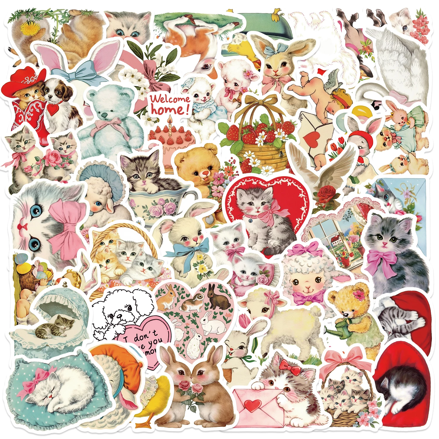 50/100PCS Vintage Animals Clipart Stickers Cat Rabbit for Laptop Scrapbook Waterproof Cartoon Graffiti Decals Cute Sticker Toys