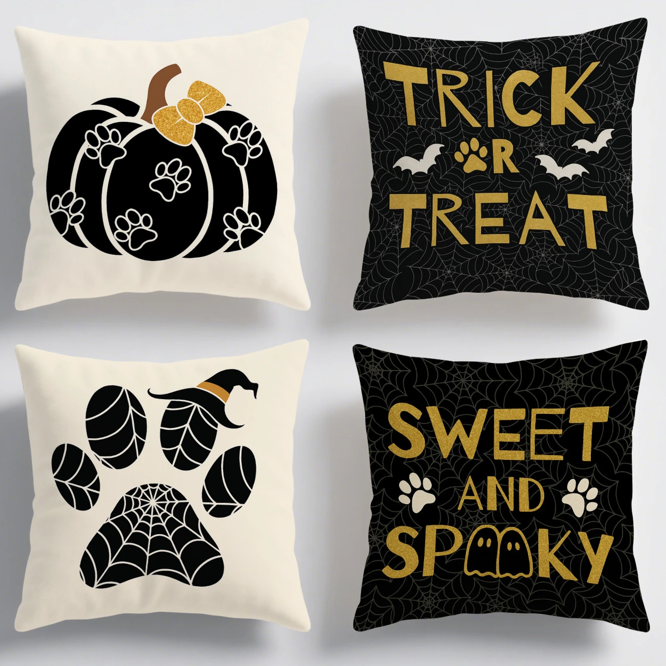 4PCS Halloween Spooky Season Throw Pillow Covers, Vintage Haunted House Ghost Witch Skeleton Pumpkin Decorative Cushion Cases