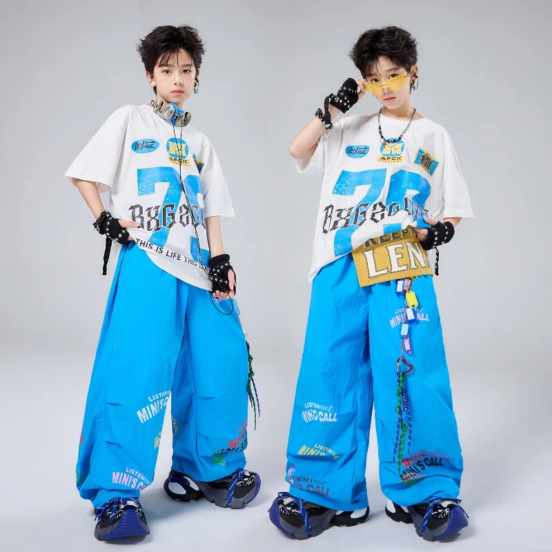 Boys Jazz Dance Clothes Sets Kpop Performance Costume Summer White Short Sleeve Tops Blue Hip Hop Pants Group Stage Dance Wear