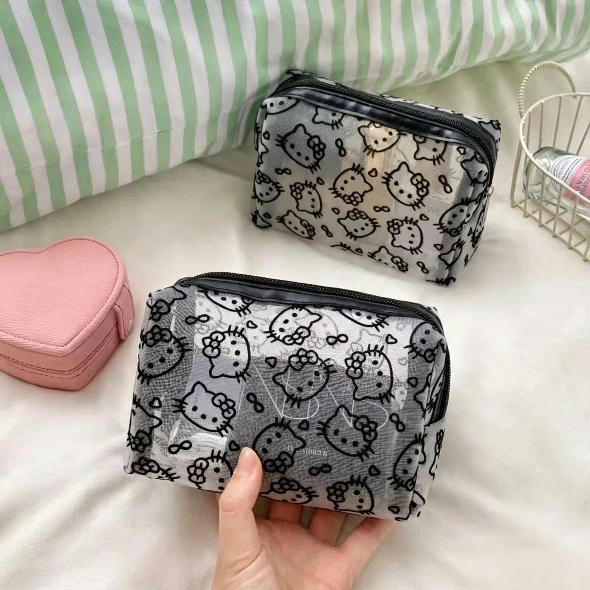 Breathable Cute Cat Mesh Printed Storage Pouch Fashion Transparent Cosmetic Organizer Outdoor Carry Bag Birthday Surprise Gifts - view 5