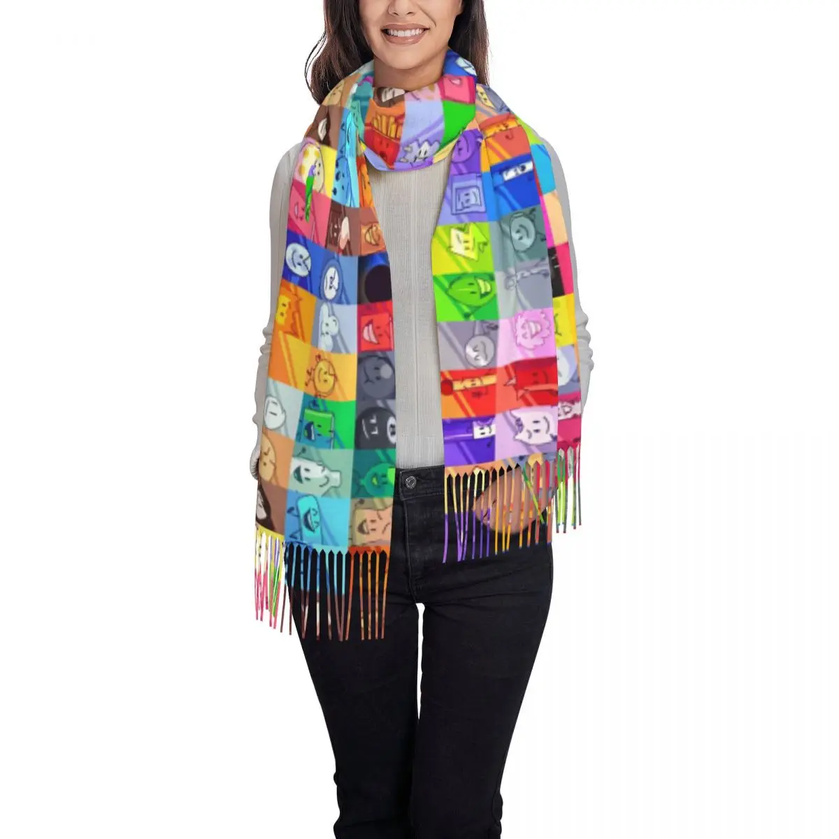 BFDI Inanimate Insanity All Characters Head Scarves with Long Tassel Popular Shawl Wrap Autumn Printed Bufanda Mujer