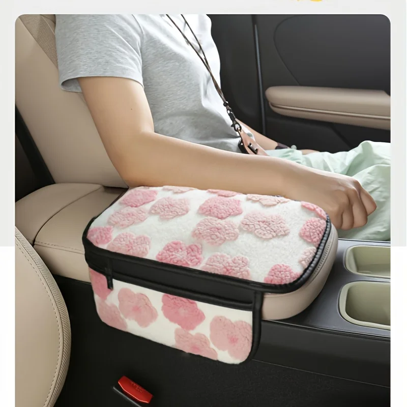 Plush Car Center Armrest Box Cushion, with Storage Bags on Both Sides, Can Store Receipts, Credit Cards, Bills, Etc. Warm Hands