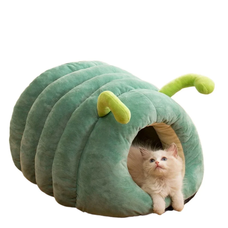 Cute Pet Nest Warm Soft Plush Cat Bed Cartoon Caterpillar Warm Thick Dog House Cat House Foldable Washable Pet Supplies Cat Tent