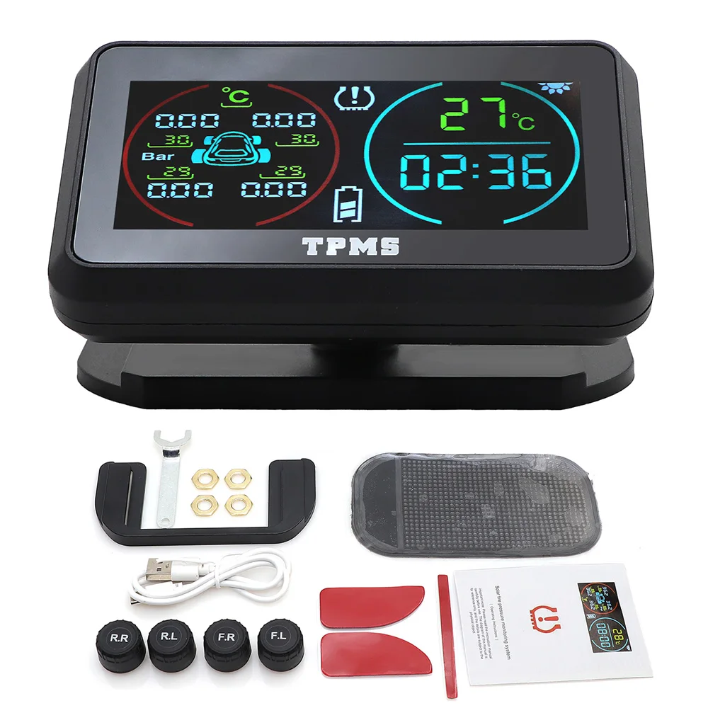 Wireless Solar TPMS Car Tire Pressure Monitoring System LCD Display Tyre Pressure Temperature Warning With 4 External Sensor