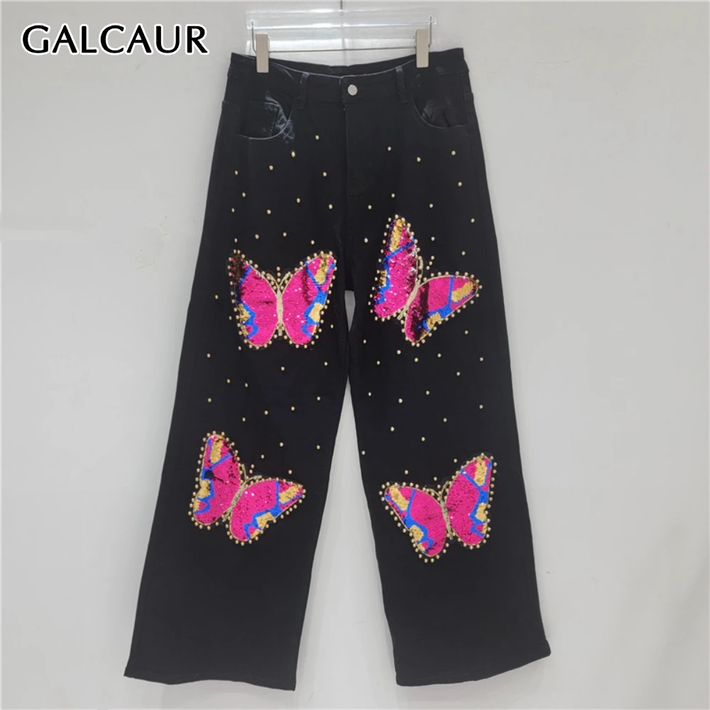 

GALCAUR Black Spliced Butterfly Flares Trouser Female High Waist Loose Streetwear Women's Long Pants Summer New Style Fashion