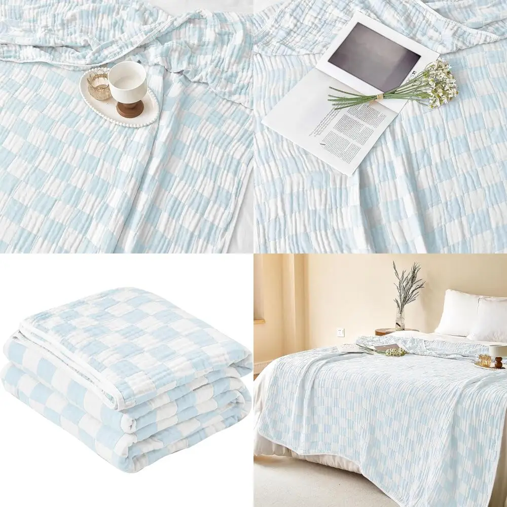 

King Size 6-Layer Cotton Muslin Check Throw Blanket - Breathable, Lightweight, All-Season Decor for Sofa or Bed (Light Blue, 90x