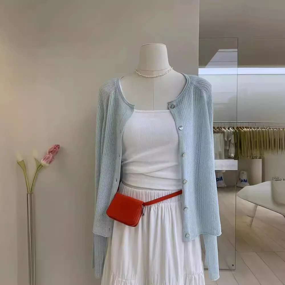 Women's Top Tencel Linen Handmade Piercing Hollow Knitted Cardigan Women's Air Conditioning Sunscreen Shirt