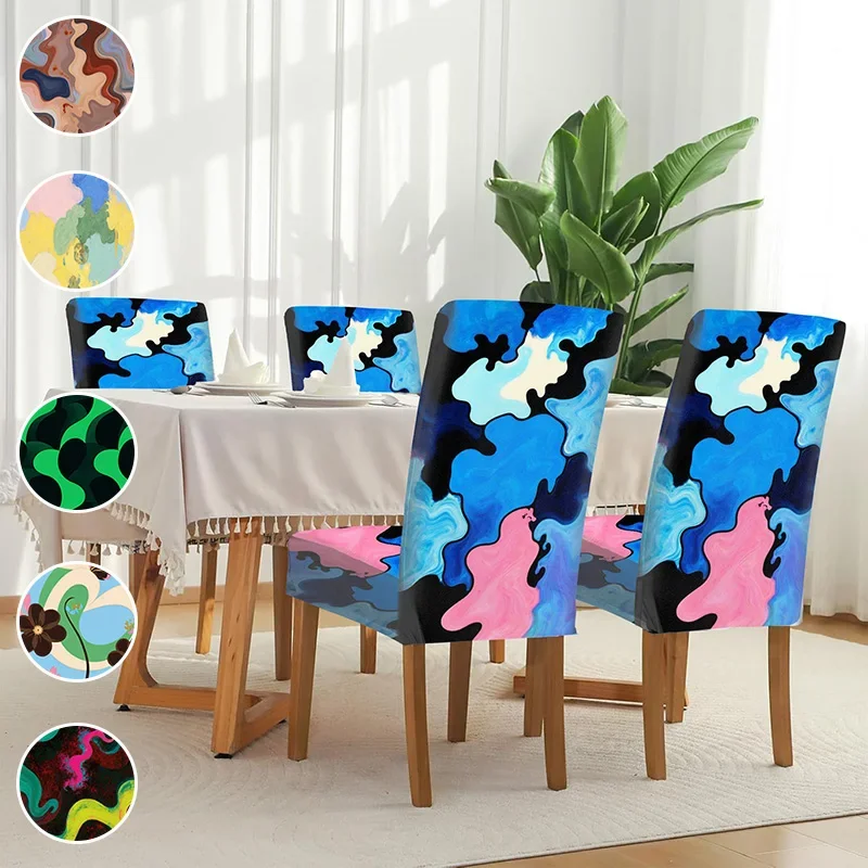 Elastic dining chair cover, removable and washable home decoration products, abstract flowing color printing pattern