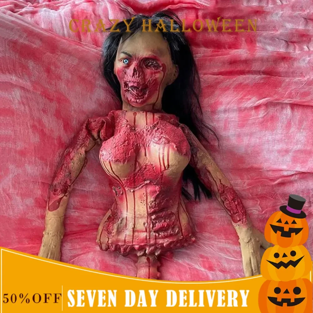 Halloween Bloody Horror Female Corpse, Escape Room Props Horror Decoration Haunted Room Layout Fake Decoration (Red)