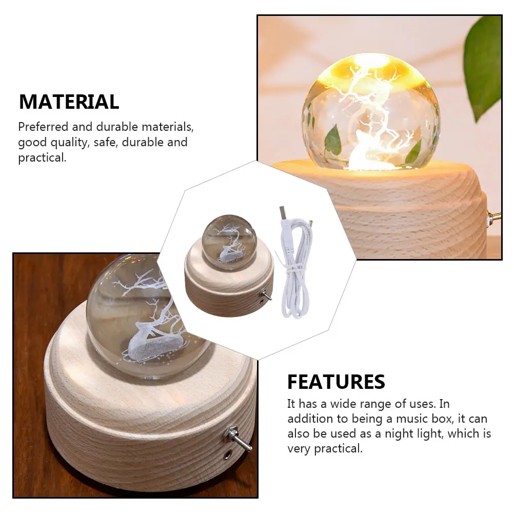 

Elk Music Box Night Light Safe Luminous Crystal Ball Wood Base LED Creative Decor Beech and Glowing