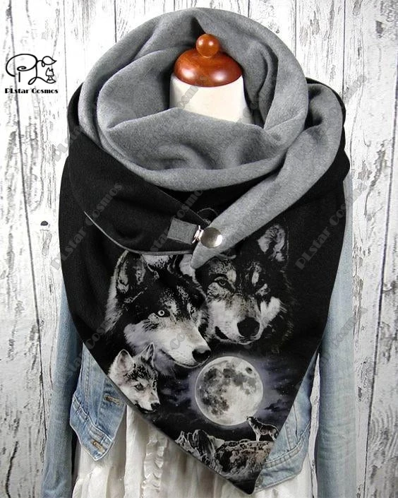 PLstar Cosmos 3D printed animal series cute wolf king pattern printed warm shawl scarf spring and winter large triangle scarf