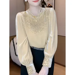 Light Luxury Western Heavy Industry Rhinestone Solid Velvet Shirt Autumn New Fashion Socialite Western-style Slimming Shirt