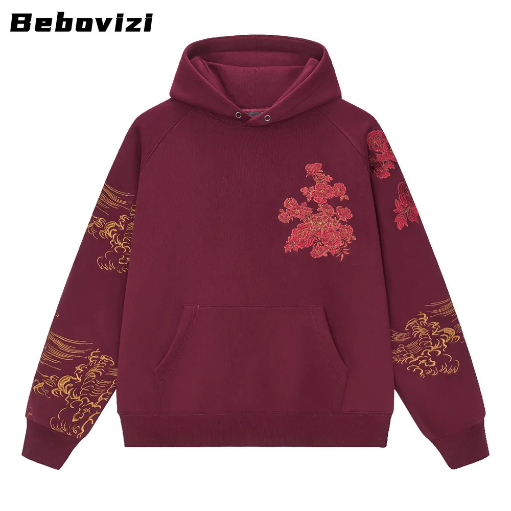 Men's Chinese Style Red Hoodie, Horse Embroidery Pullover, Loose Fit Streetwear Hip Hop Sweatshirts for Fall Winter