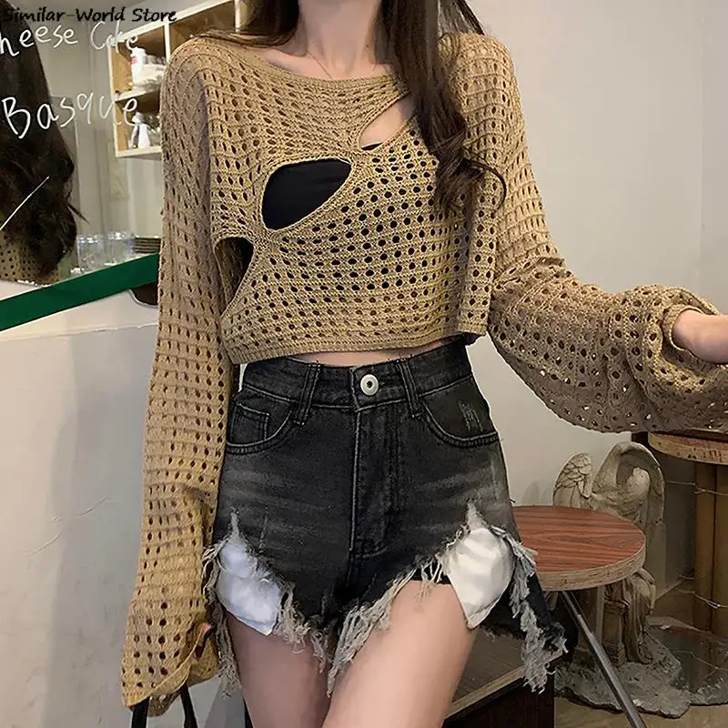 Women Casual Sweater Pullovers Summer Fashion Loose Long Sleeve Hollow Out Knit Smock