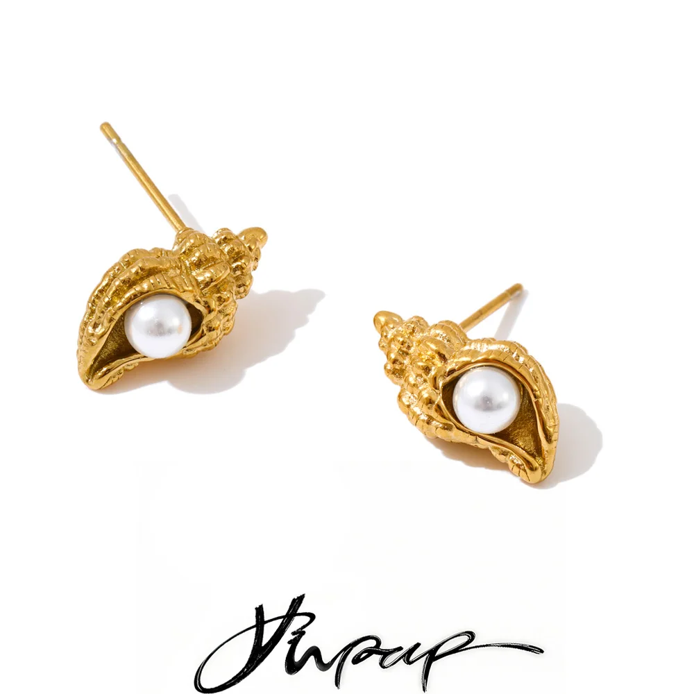 Yhpup Ocean Style Stainless Steel Pearls Conch Small Stud Earrings for Women Waterproof Trendy Chic Daily Jewelry Wholesale