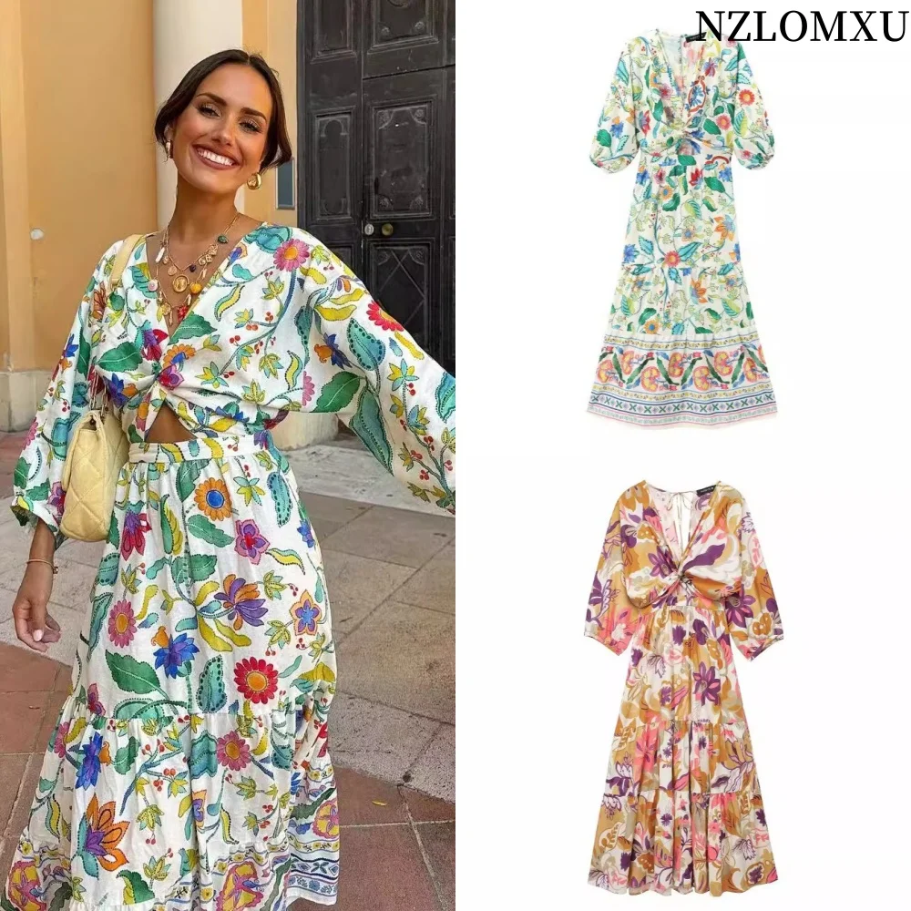 

Cut Out Print Long Dress Women Boho Knot Floral Midi Dress Summer Puff Sleeve Elegant Dresses Tied Ruched Holiday Dresses