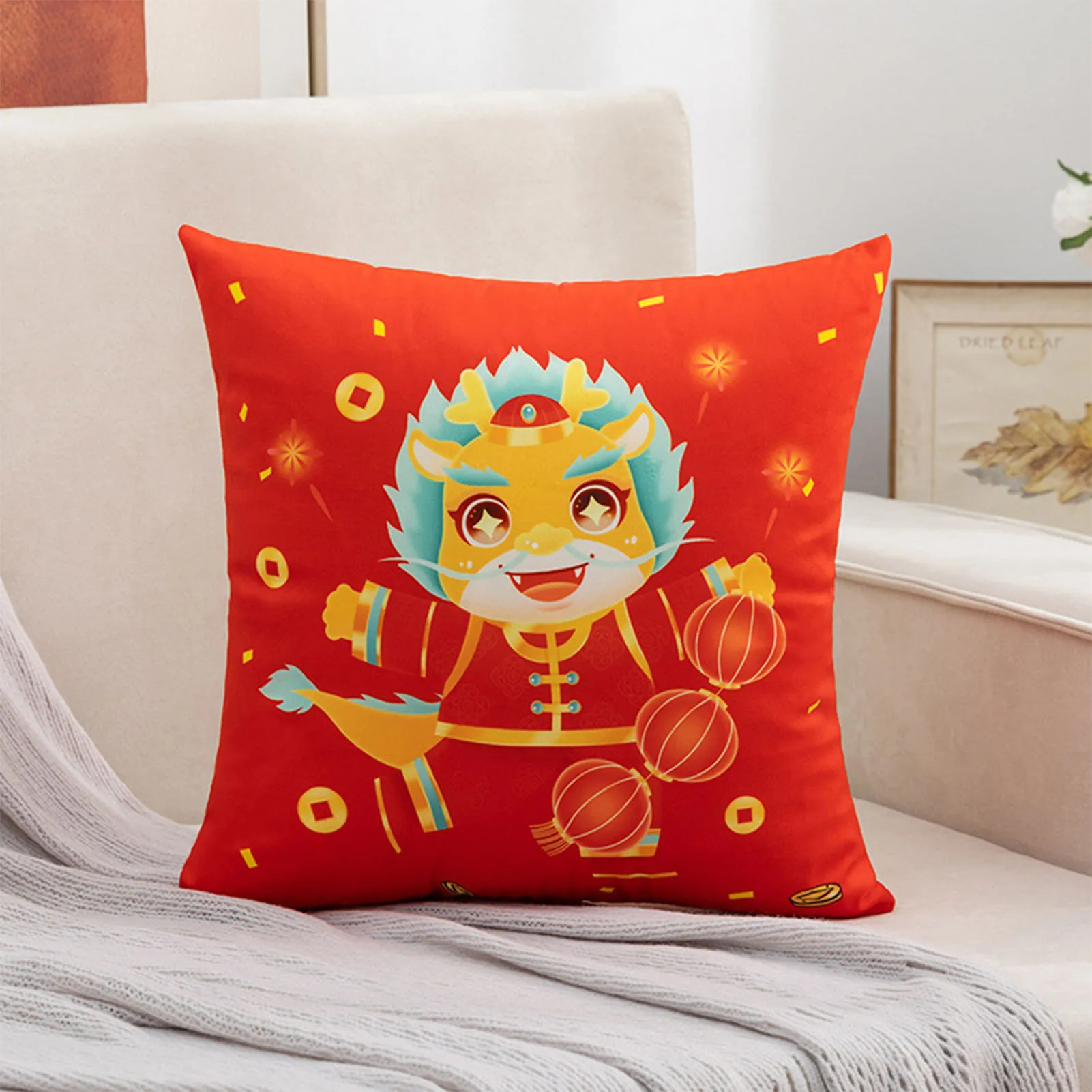 Decorative Square Throw Pillow Covers Dragon Style Skin-friendly Soft Pillow Protectors for Living Room Couch Bed Sofa