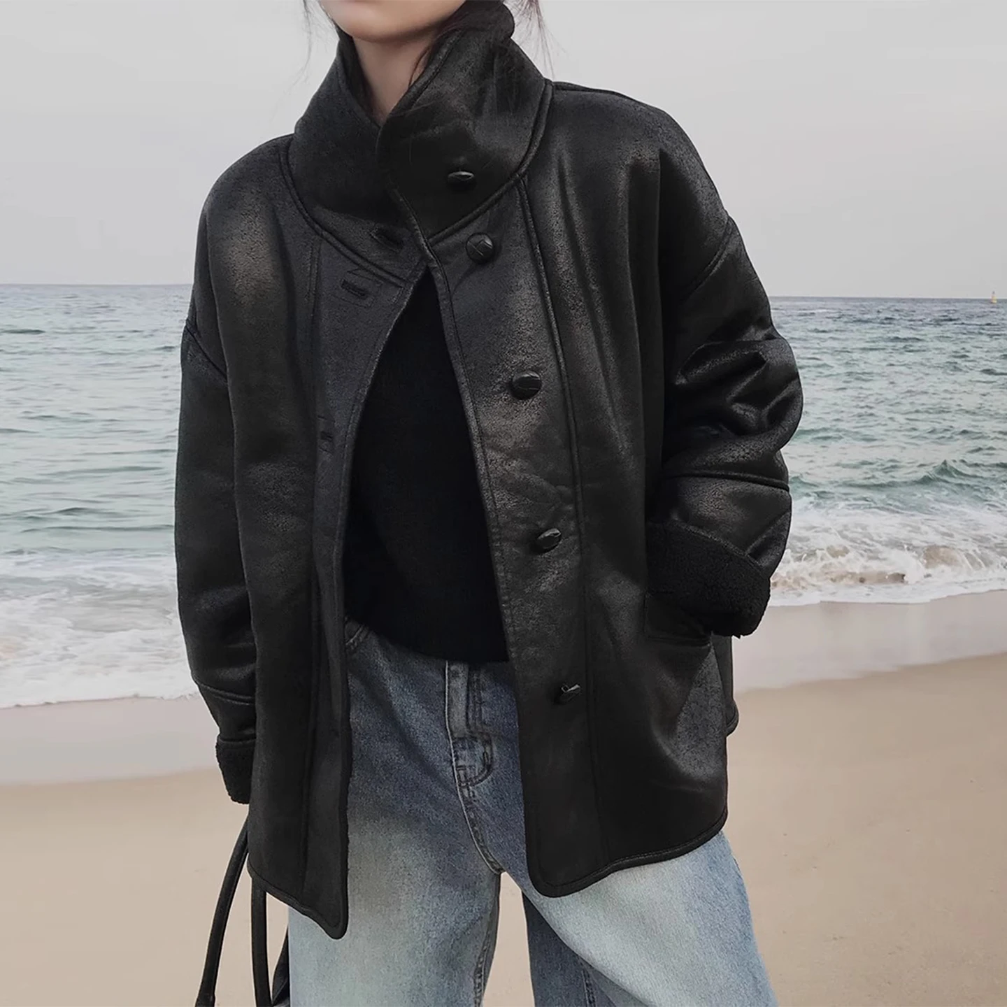 الرجعية Sle جلد الغزال دراجة نارية Jaet المرأة الشتاء الدفء القطن معطف Inteated الفراء والجلد ملابس خارجية #2