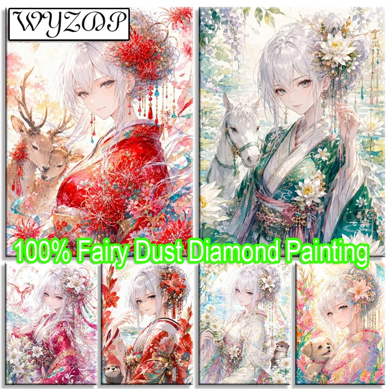 WYZDP 100% Fairy Dust Diamond Painting Kits Square Mosaic Embroidery Japanese Girl Handicrafts Diamond Art Full Crystal Decor