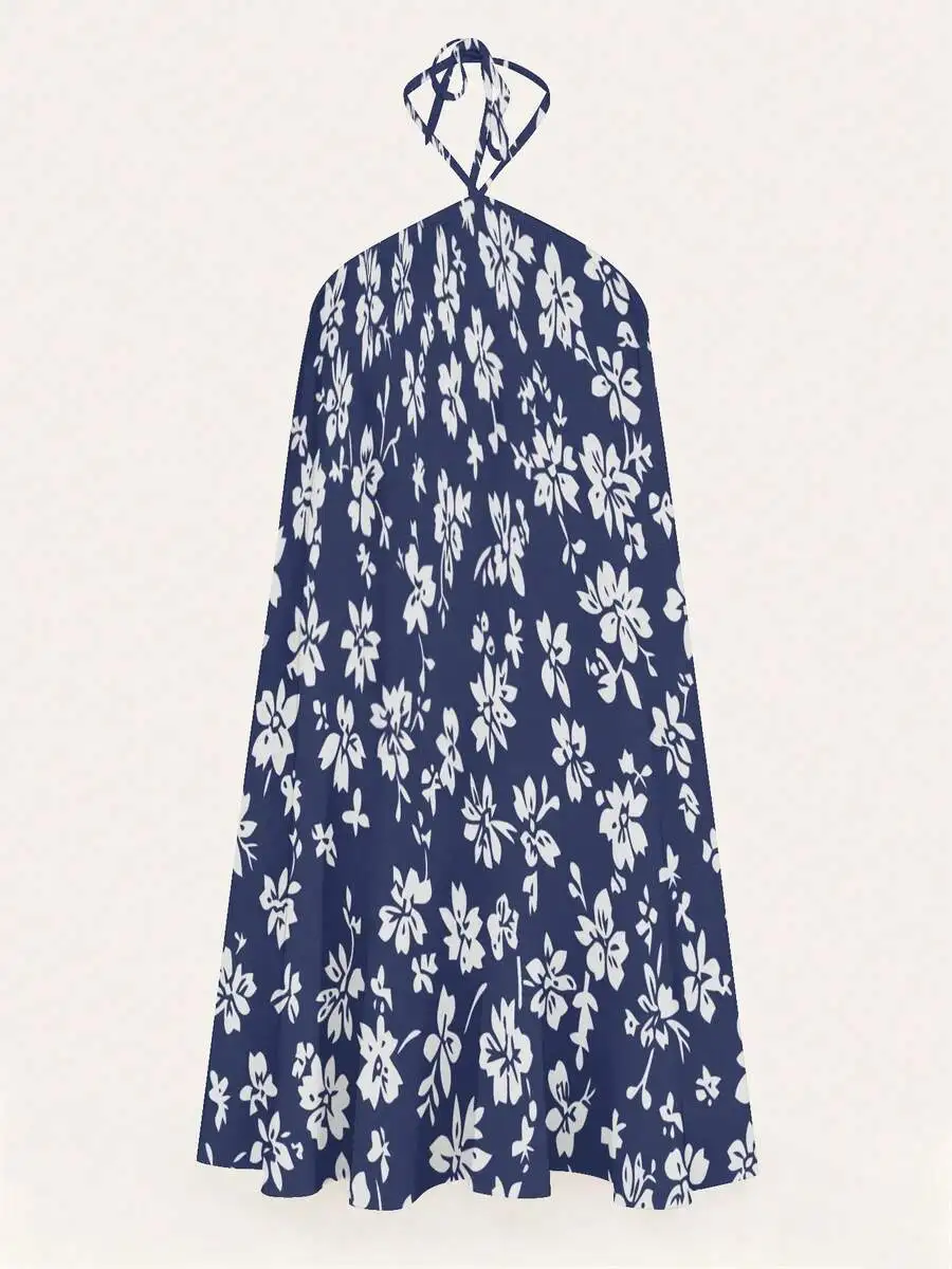 

Womens Backless Halter Dress Blue White Floral Print Loose Casual Vacation Dress
