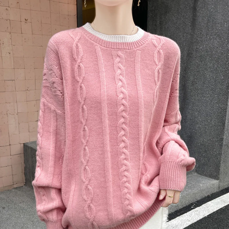 

2024 New Classic Women's Pure WoolPullover Thick Loose Sweater Round Neck Warm Soft High Quality Knitted Pattern Basic Top