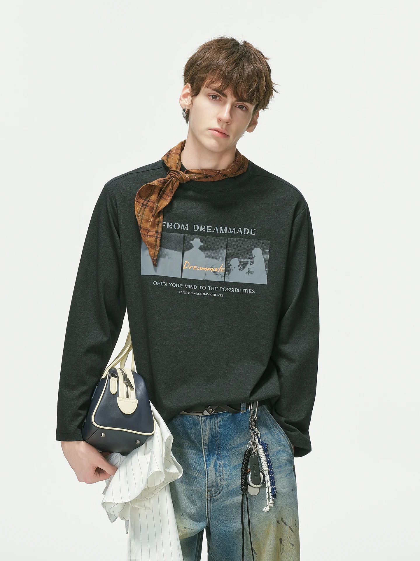 Dream Made American Retro Print Long Sleeve T-Shirt Men's Autumn New Heavy Base Shirt round Neck Shoulder Print Cotton Blend