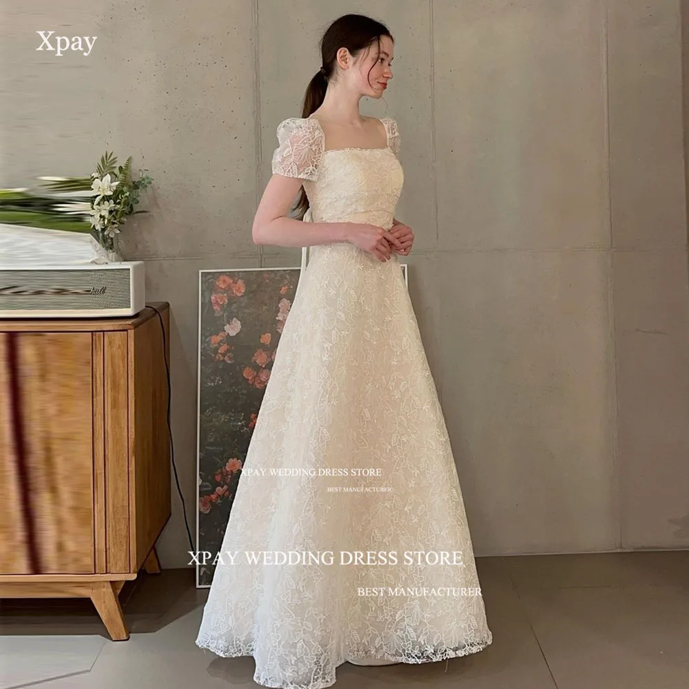 

XPAY Elegant Square Neck A Line Korea Wedding Dresses Photo Shoot Full Lace Short Sleeve Bride Dress Corset Backless Bridal Gown