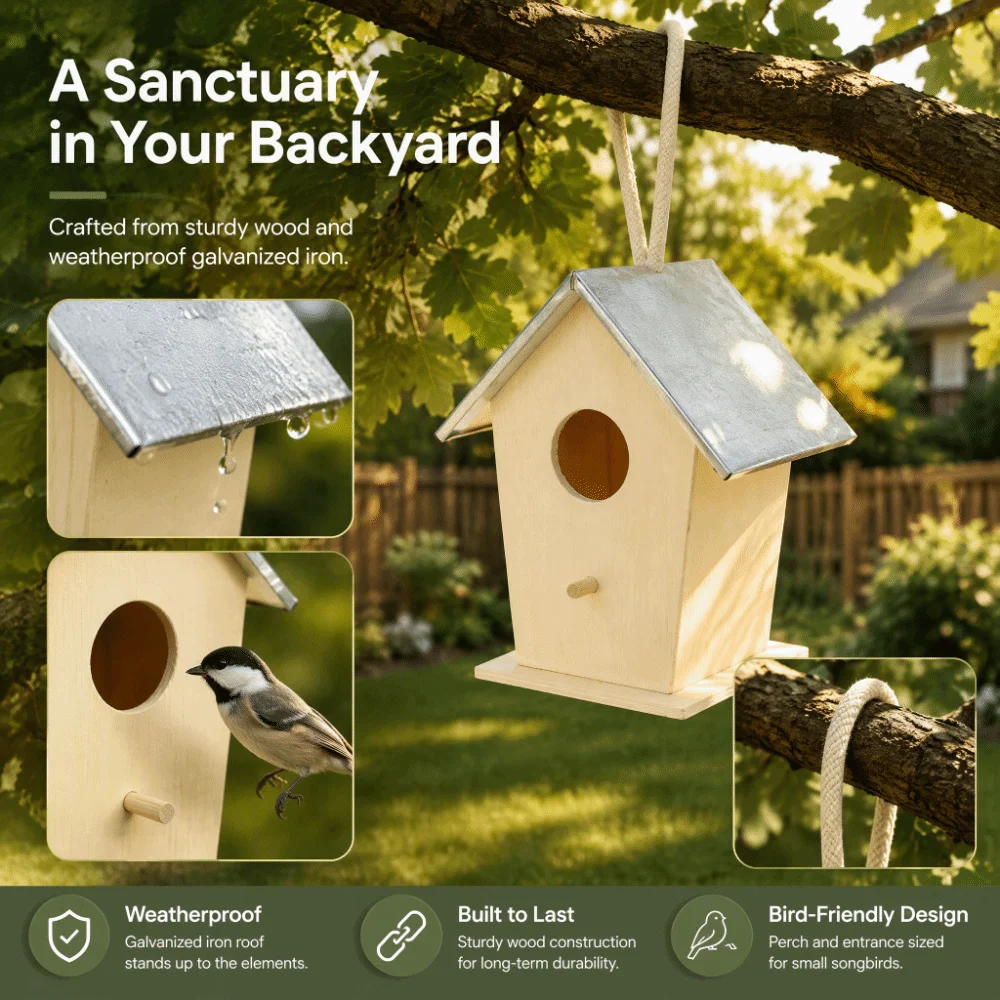 Galvanized Iron Top Wooden Bird House Wood Panel Frame Sloped Roof Design Hanging Birdhouse Built-in Perch Peg Hanging Rope