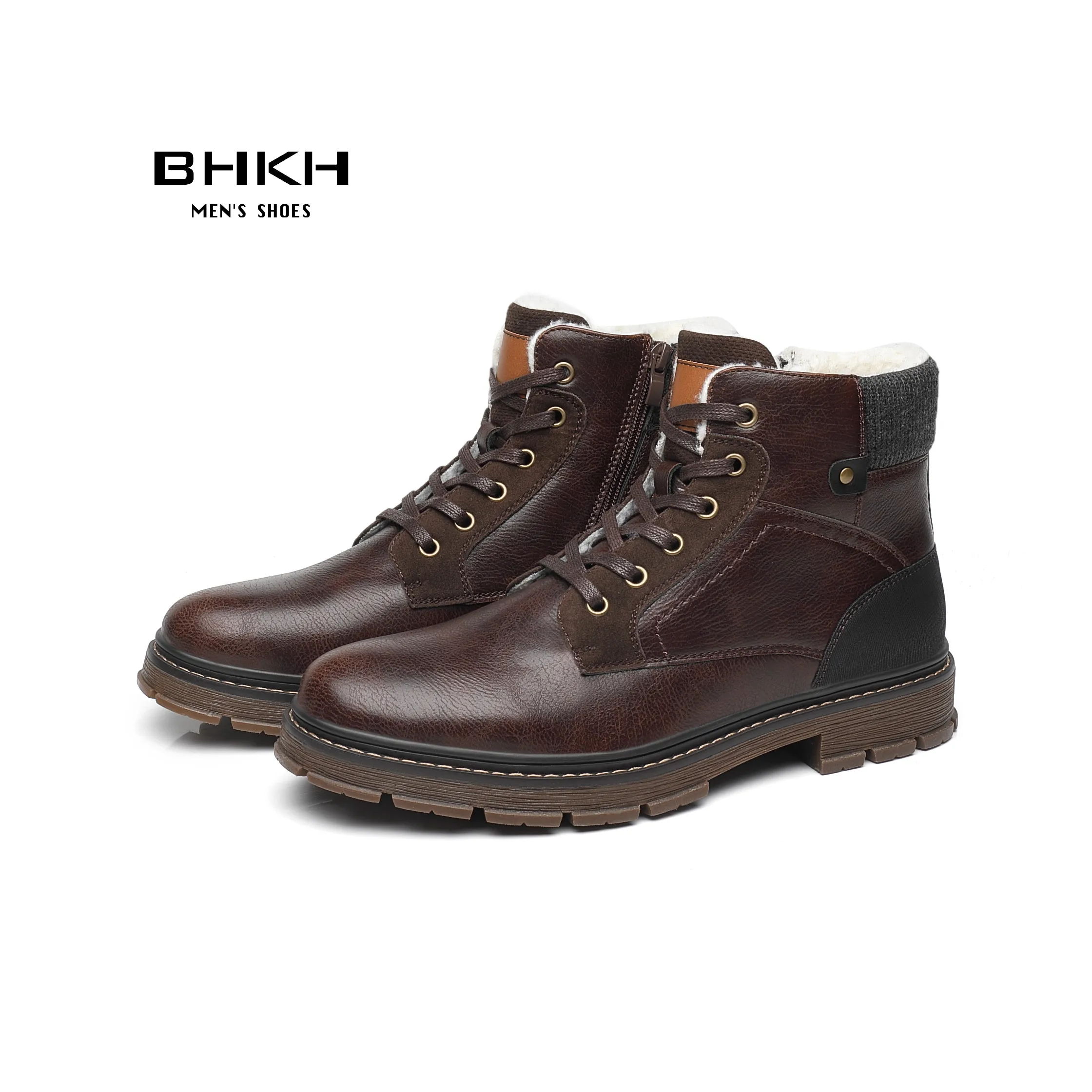 BHKH 2024 Winter Men Boots Zip Lace-up Ankle Boots Comfy Snow Boots Fashion Men Casual Boots Man Shoes