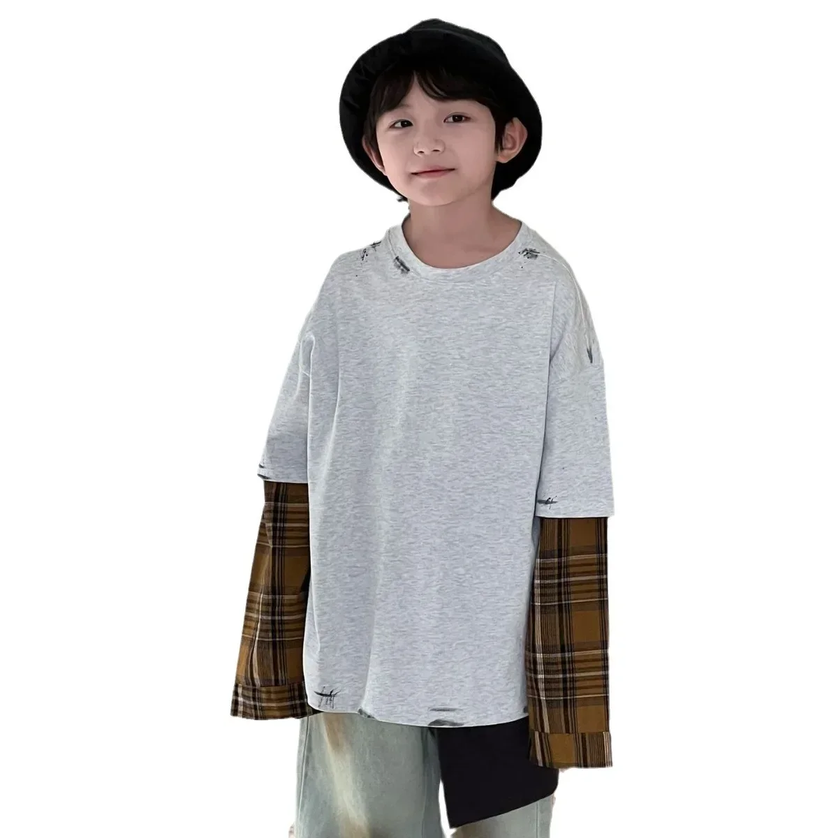 2024 Autumn Korean Edition New Checkered Sleeve Design T-shirt for Middle aged Children