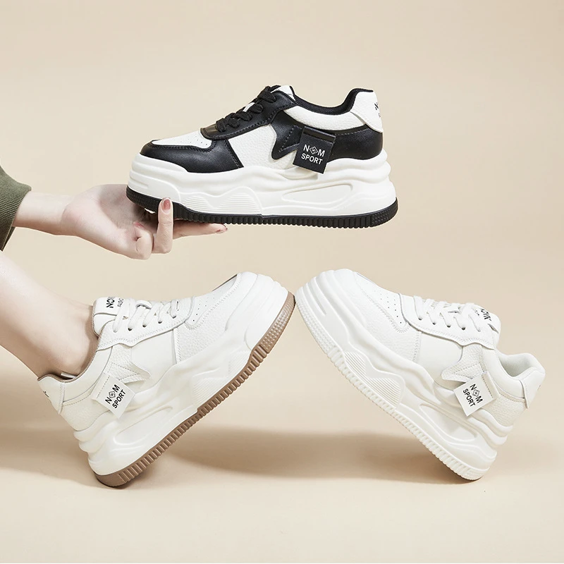 

Women'S Platform Chunky Sneakers Lace Up Design With Sport Tag Detail Two Tone Black And White White And Beige Colors Thick Sole