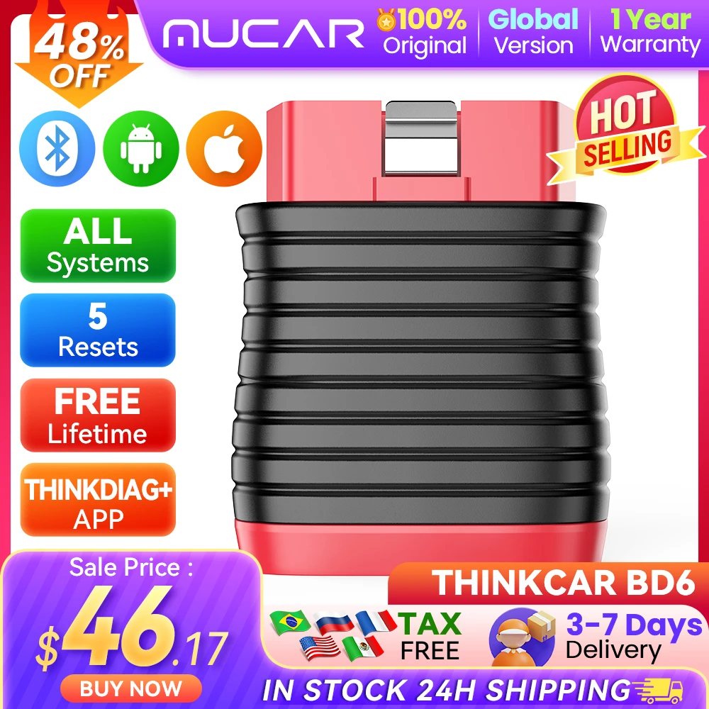 THINKCAR BD6 Bluetooth Scanner Car Diagnostic Tool OBD2 Scanner Full System Diagnose 5 Reset Free Auto Diagnosis OBD Code Rea