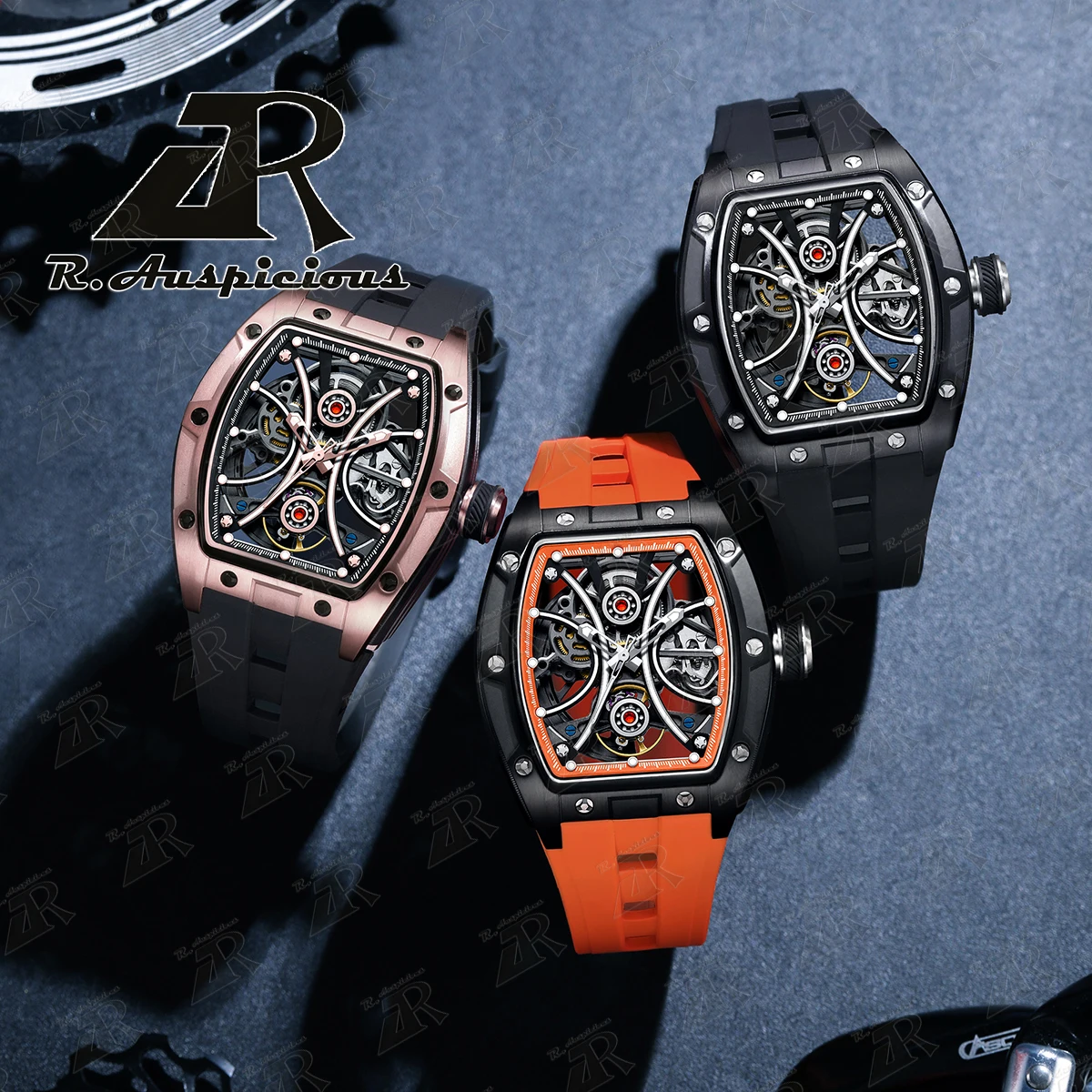 Barrel-Shaped Men's Silicone Strap Sports Watch Hollowed-Out Skeleton Automatic Mechanical Movement 42*55mm Green Luminous Hands