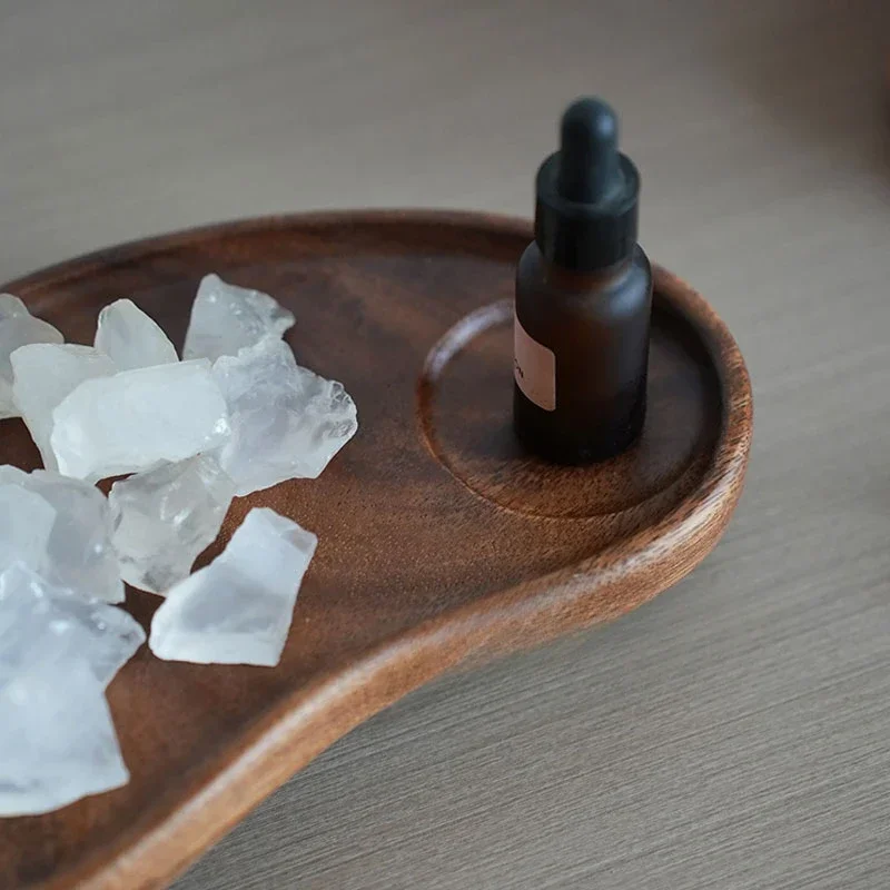 Retro Walnut Color Wooden Tray Round Aromatherapy Key Storage Rack Geometric Design Sense Dessert Tray Photo Props Decorative