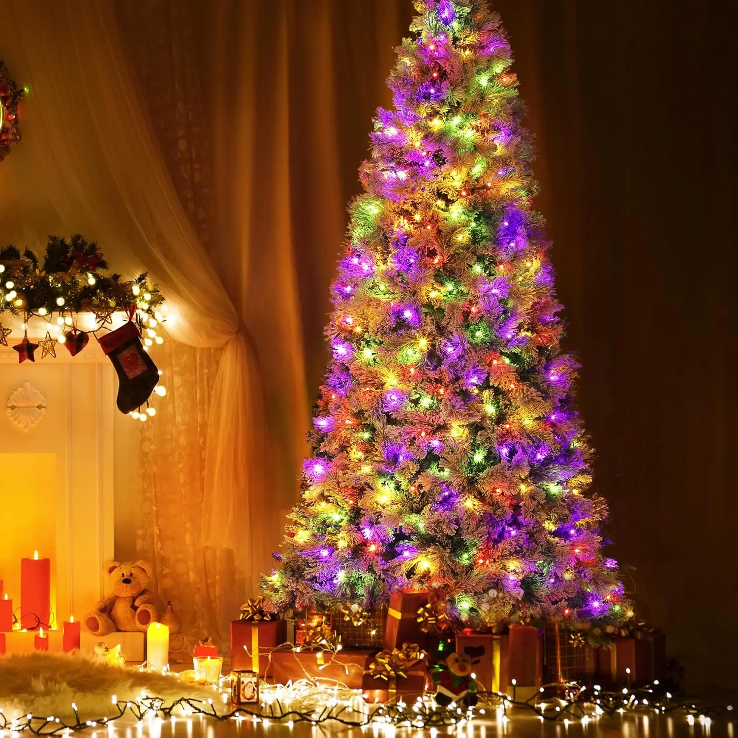 Árvore de Natal artificial flocada de neve pré-iluminada de 7,5 pés com 300 luzes LED multicoloridas Base de metal dobrável 8 modos de iluminação para casa