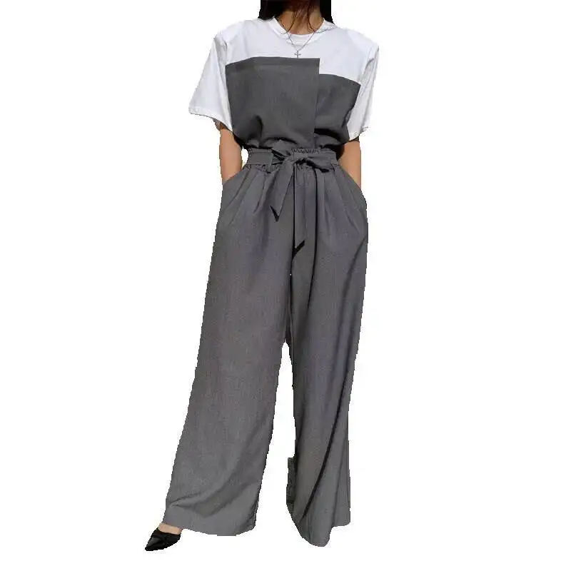 

Весна/лето 202, корейский стиль, нишевый дизайн, мягкие плечи, искусственная двухсекционная футболка с короткими рукавами, топ + повседневный комплект для похудения