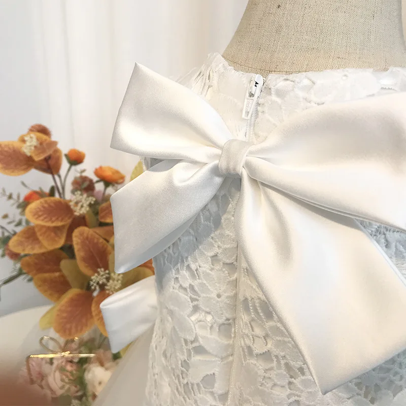 Vestido de encaje blanco para niña, tutú de princesa con lazo, vestido de flores para boda, vestido de baile sin mangas para bebé, vestido de fiesta de cumpleaños infantil