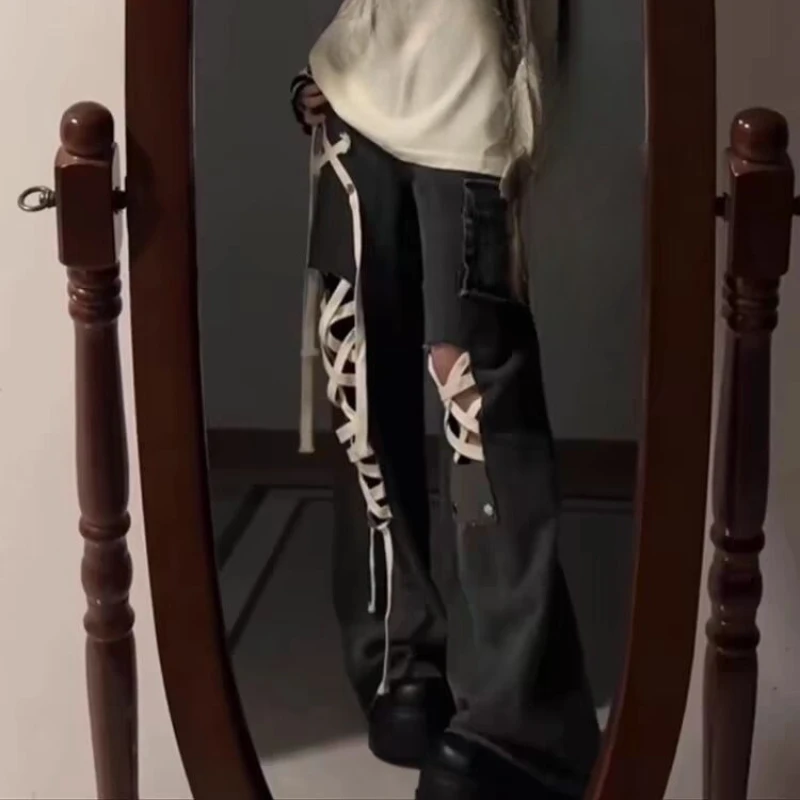 

Рваные джинсы с бретелями, Design Sense, летние американские удобные широкие брюки, высокая талия и тонкие большие размеры