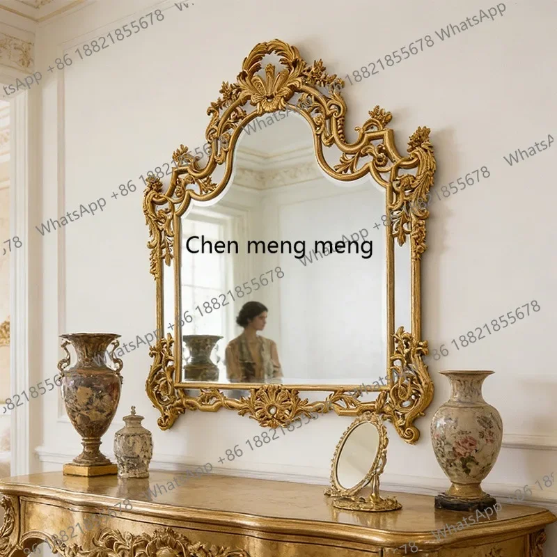 A139European carved art wall-mounted mirror retro light luxury bathroom mirror fireplace decorative French makeup mirror