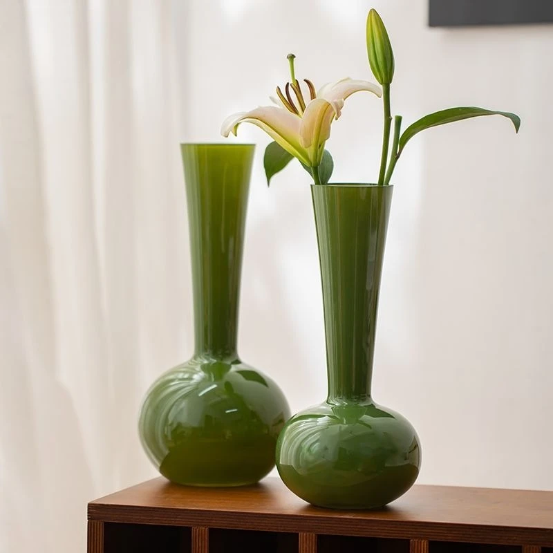 

Medieval Green French Glass Vase,Exquisite Fashionable Green Art Ornament with High-end Feel,Niche Butterfly Orchid Flower Vase